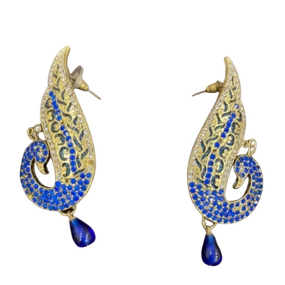 Jewelry - Indian Blue and Gold Rhinestone Peacock Earrings